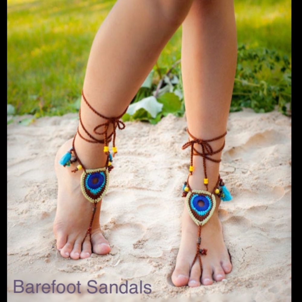 Tribal Peacock Czech Bead Barefoot Sandals